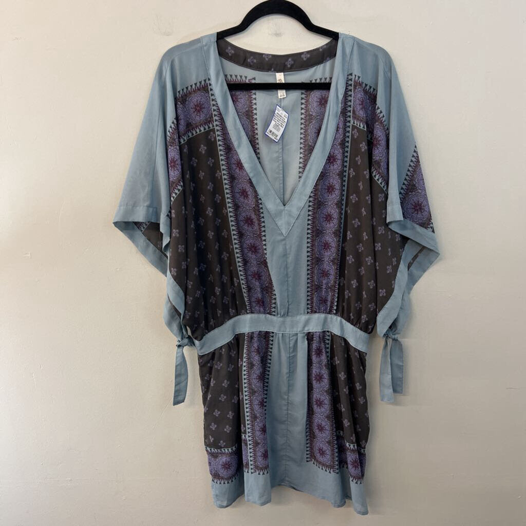 Free People Blue/ Purple Print V Neck Short Sleeve Dress Large