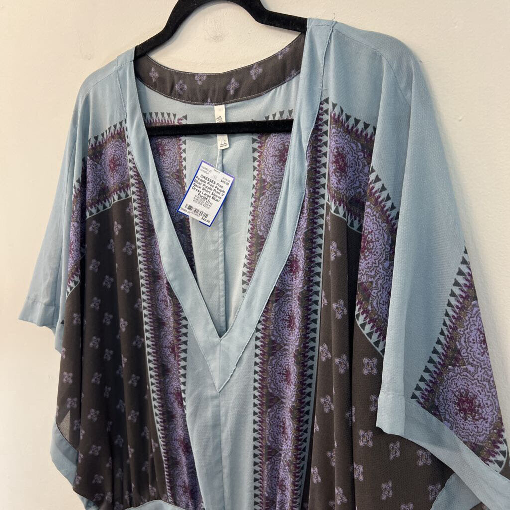 Free People Blue/ Purple Print V Neck Short Sleeve Dress Large