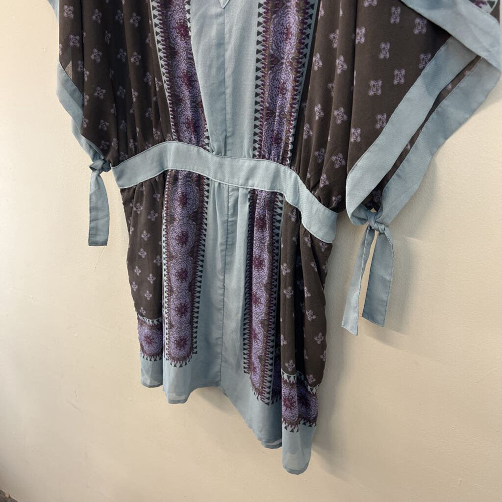 Free People Blue/ Purple Print V Neck Short Sleeve Dress Large