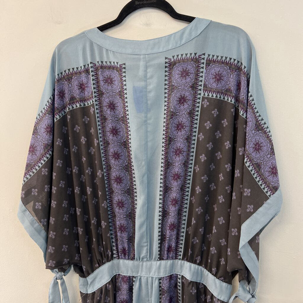 Free People Blue/ Purple Print V Neck Short Sleeve Dress Large