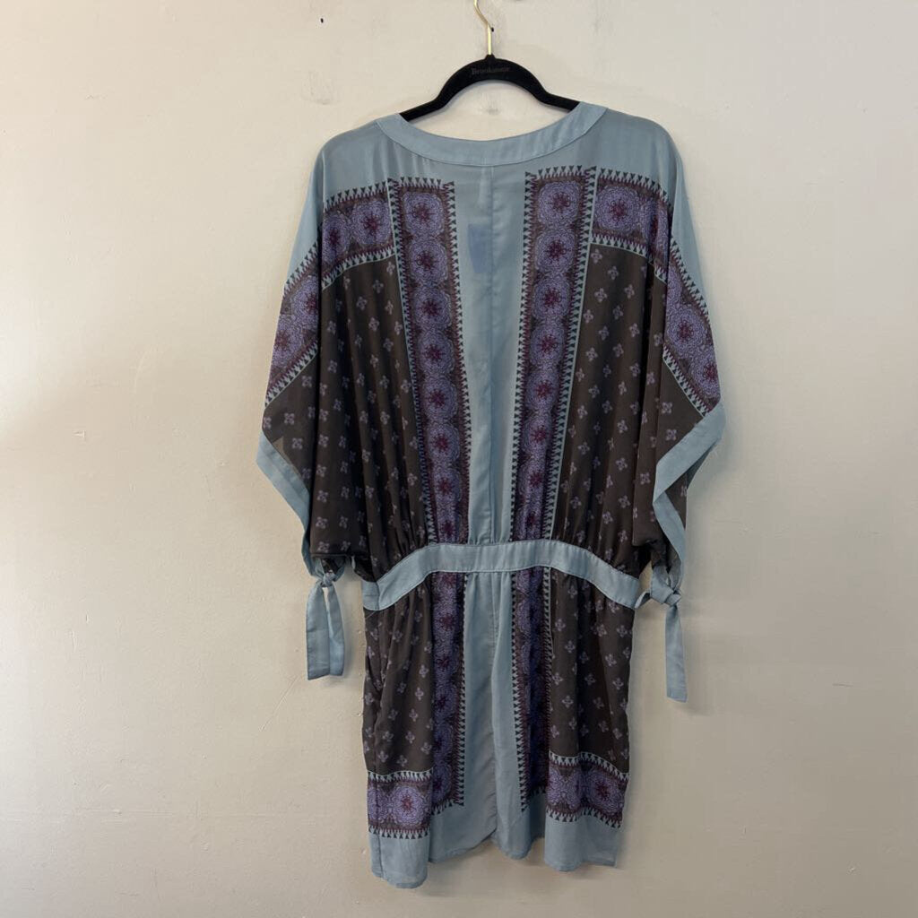 Free People Blue/ Purple Print V Neck Short Sleeve Dress Large