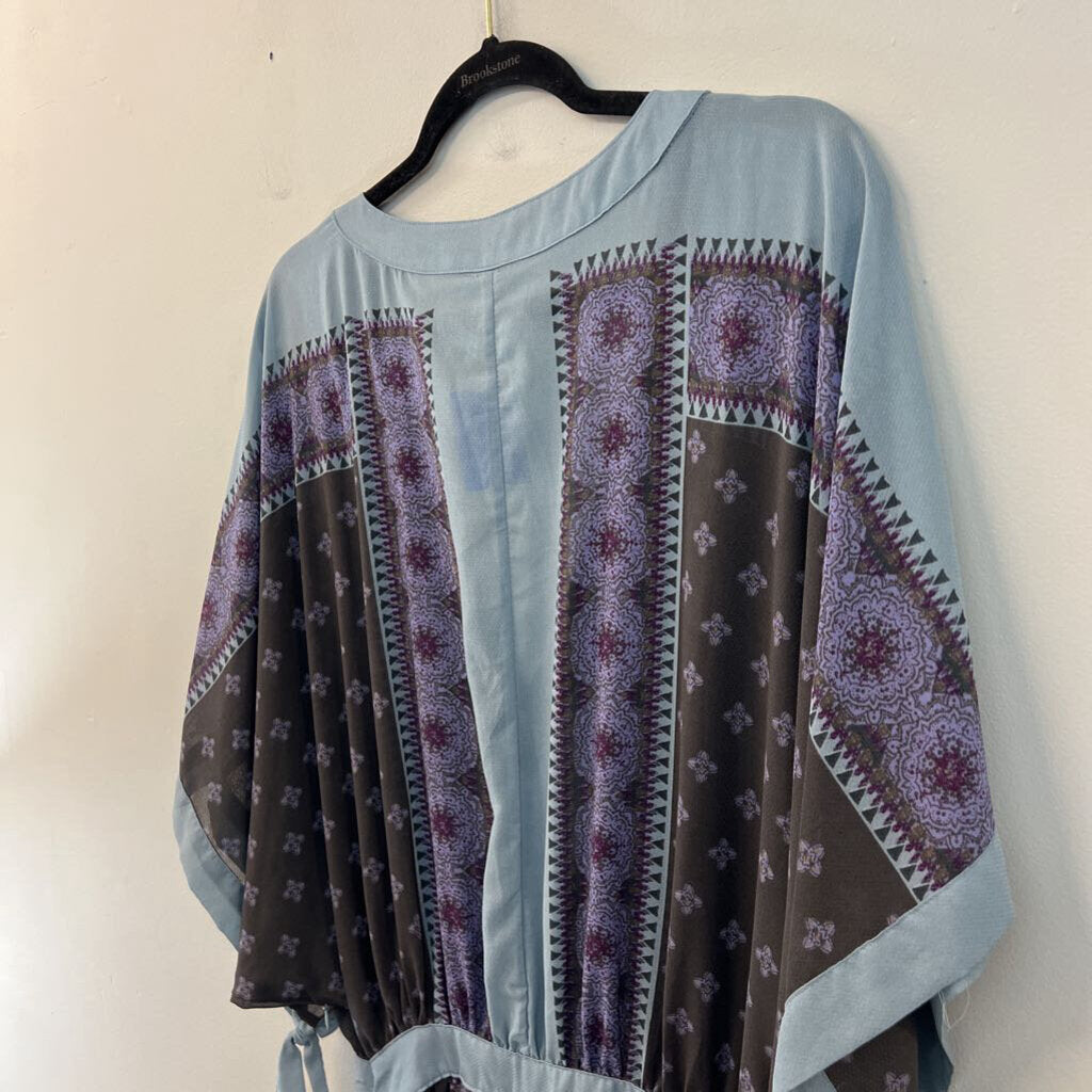 Free People Blue/ Purple Print V Neck Short Sleeve Dress Large