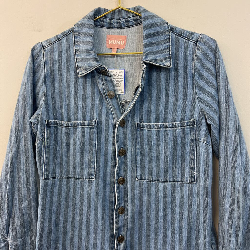 Show Me Your Mumu Blue Striped Denim Long Sleeve Romper Small