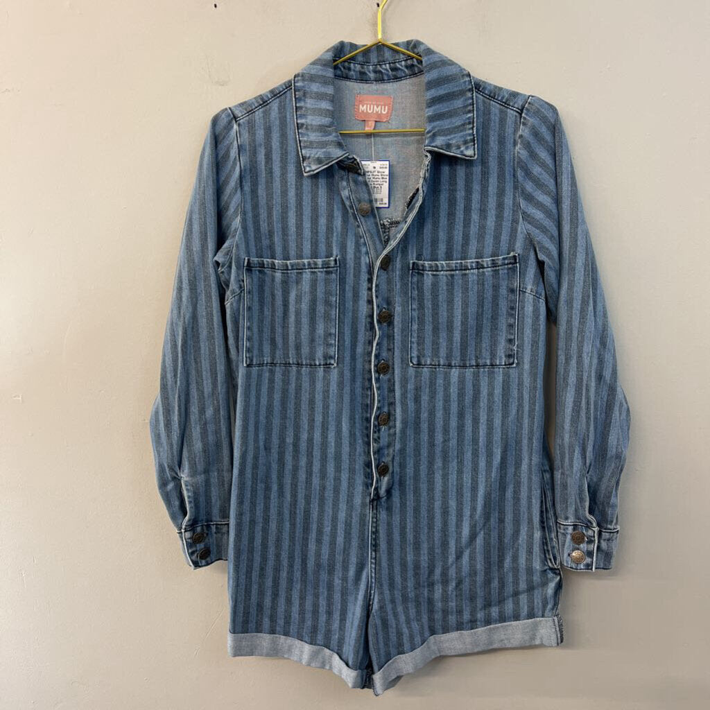 Show Me Your Mumu Blue Striped Denim Long Sleeve Romper Small