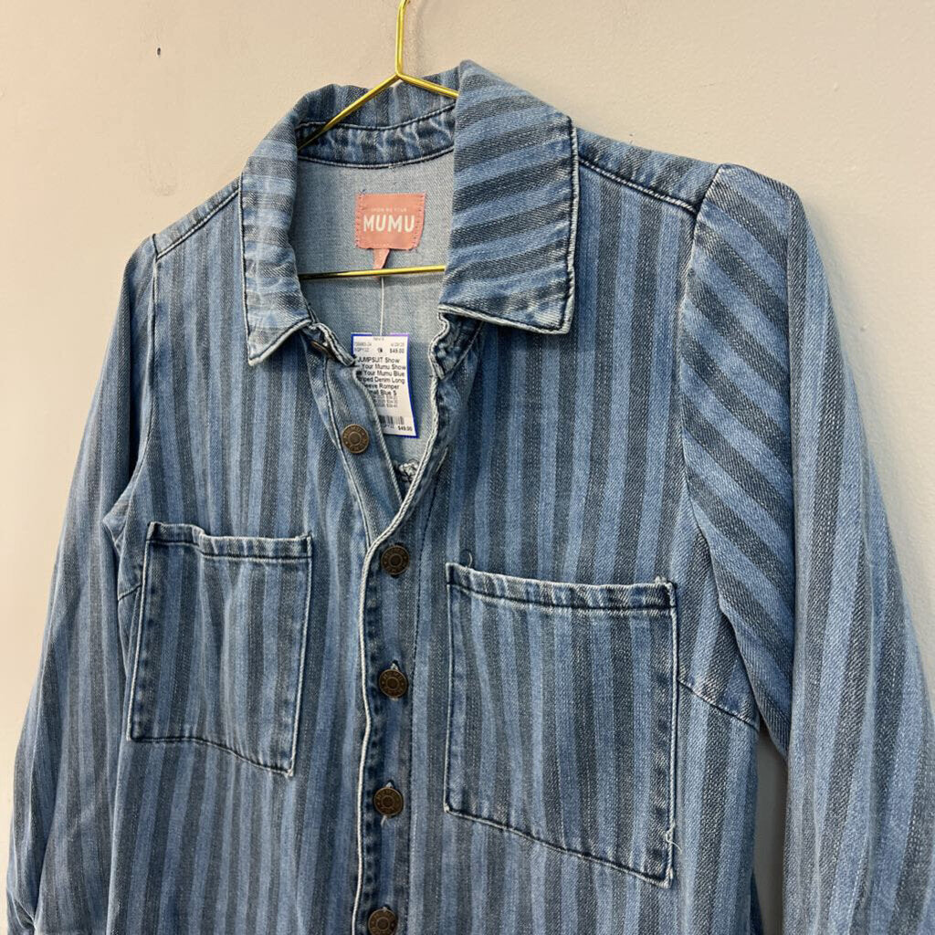 Show Me Your Mumu Blue Striped Denim Long Sleeve Romper Small