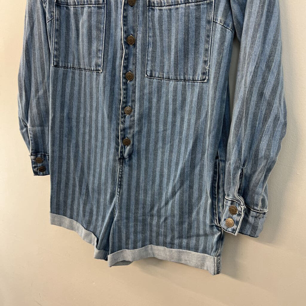Show Me Your Mumu Blue Striped Denim Long Sleeve Romper Small