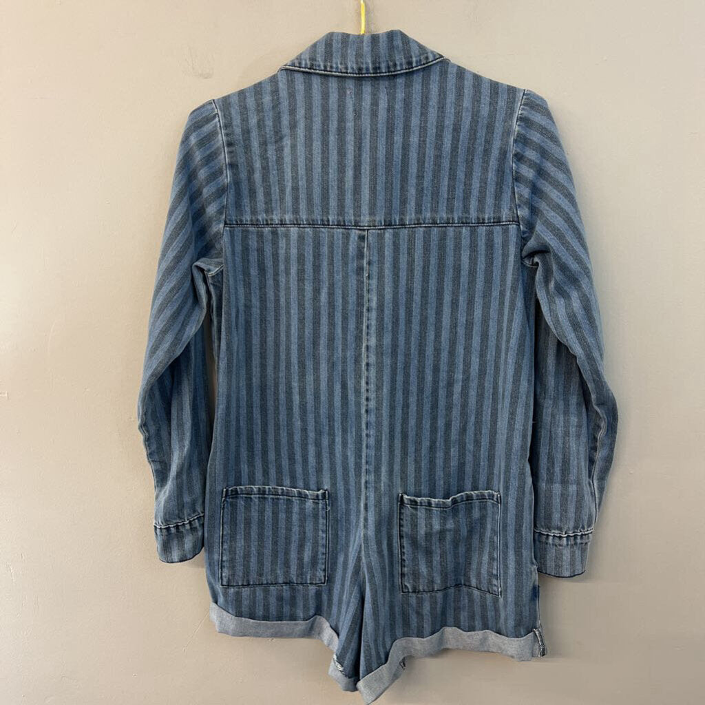 Show Me Your Mumu Blue Striped Denim Long Sleeve Romper Small