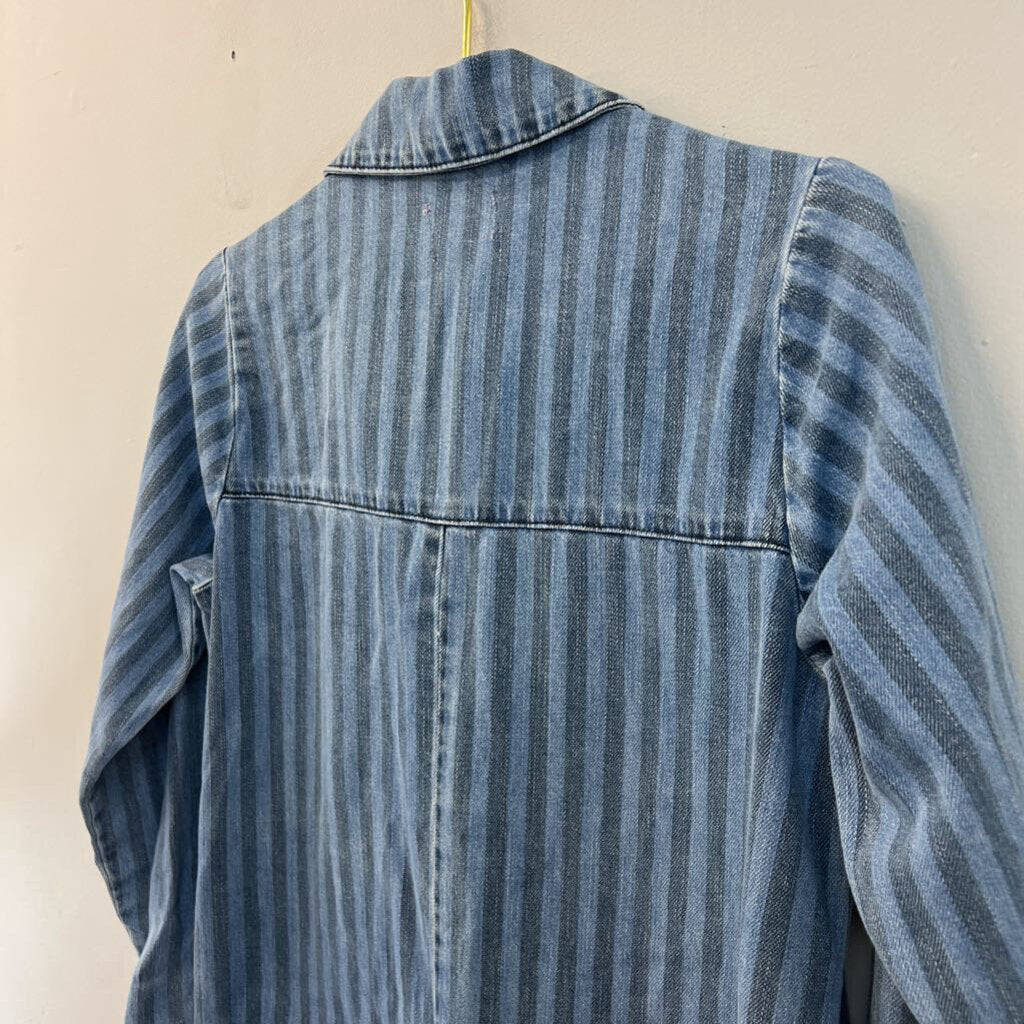 Show Me Your Mumu Blue Striped Denim Long Sleeve Romper Small