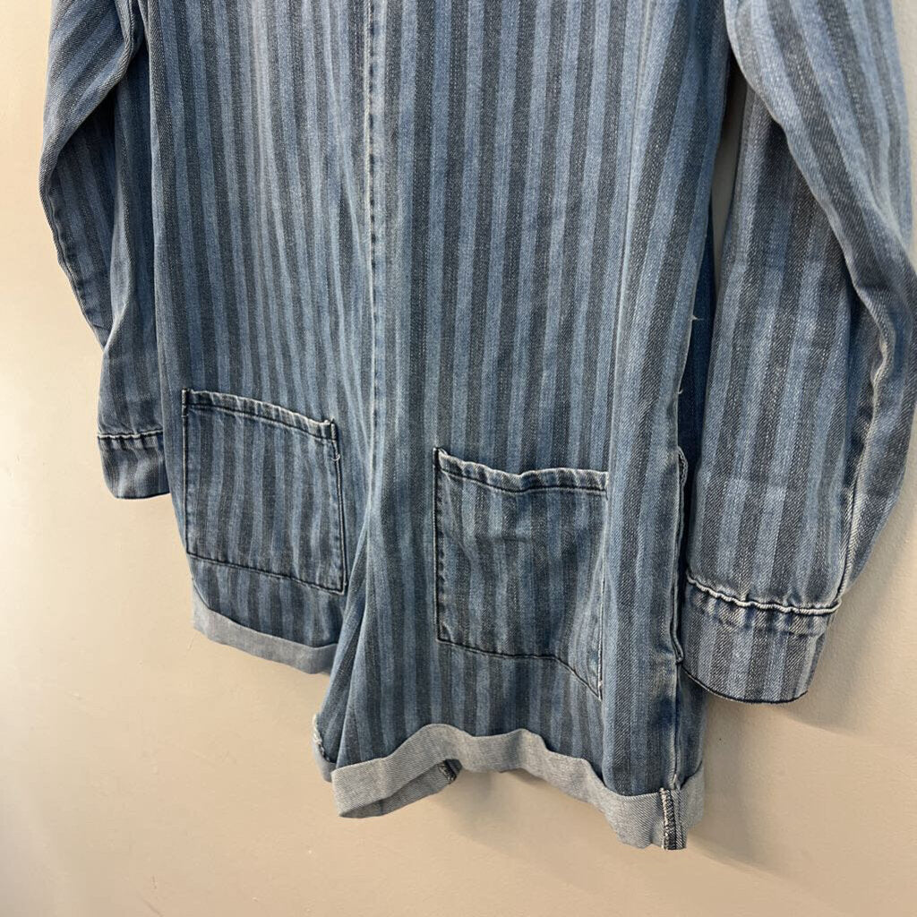 Show Me Your Mumu Blue Striped Denim Long Sleeve Romper Small