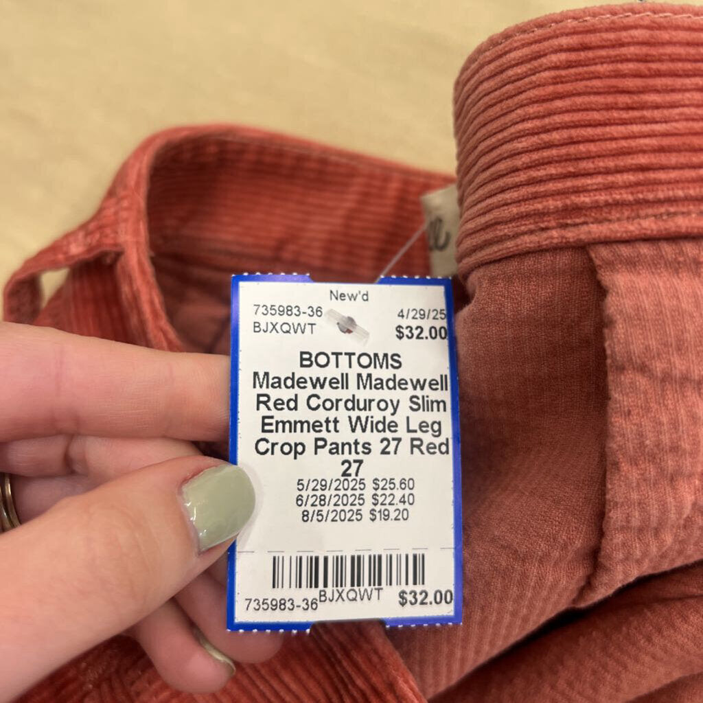 Madewell Red Corduroy Slim Emmett Wide Leg Crop Pants 27