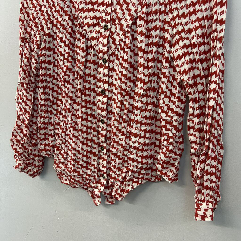 Maeve Red/ White Dog Print Long Sleeve Button Front Top Extra Small Anthropologie