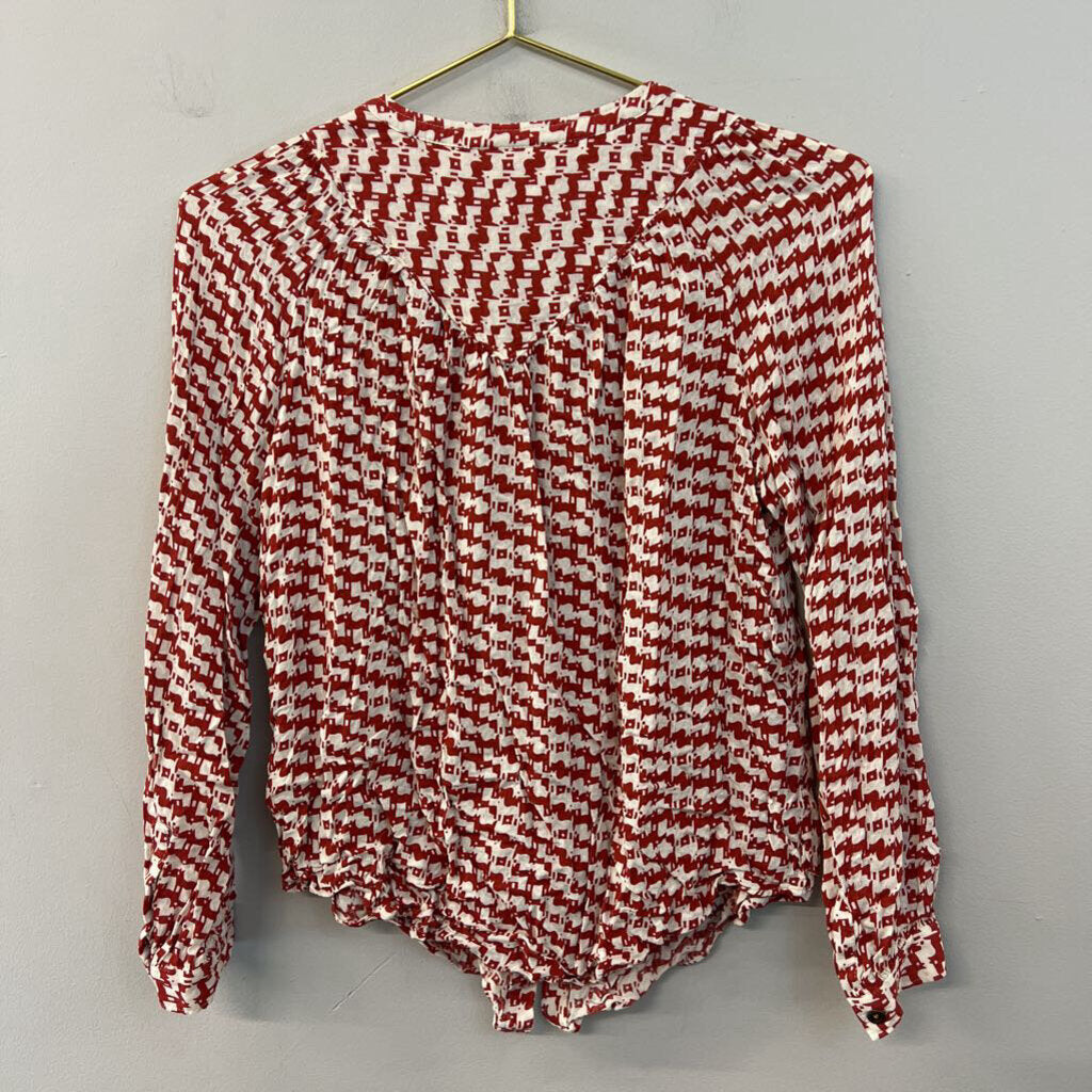 Maeve Red/ White Dog Print Long Sleeve Button Front Top Extra Small
