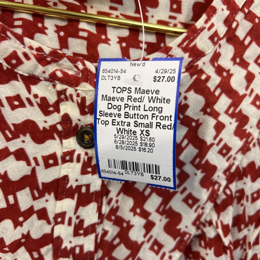 Maeve Red/ White Dog Print Long Sleeve Button Front Top Extra Small