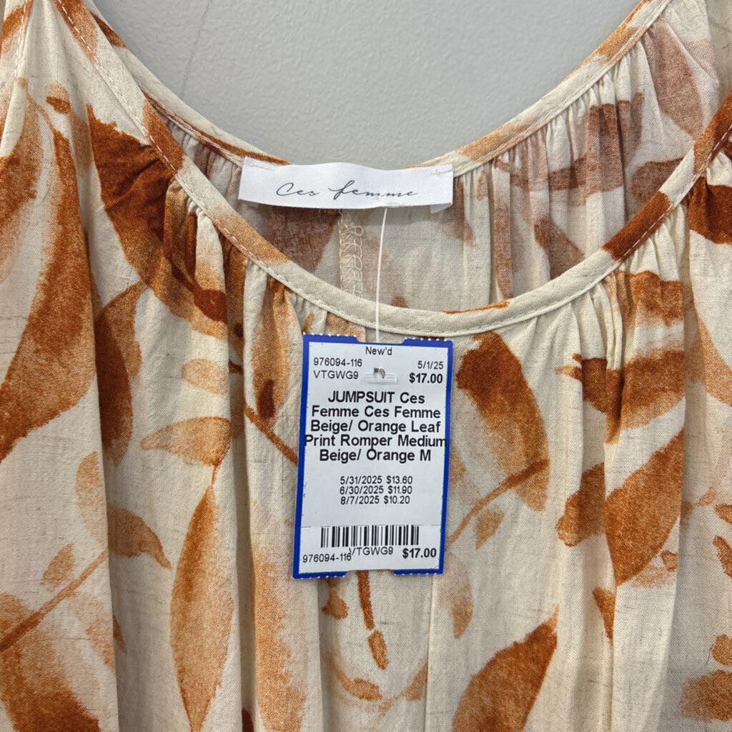 Ces Femme Beige/ Orange Leaf Print Romper Medium