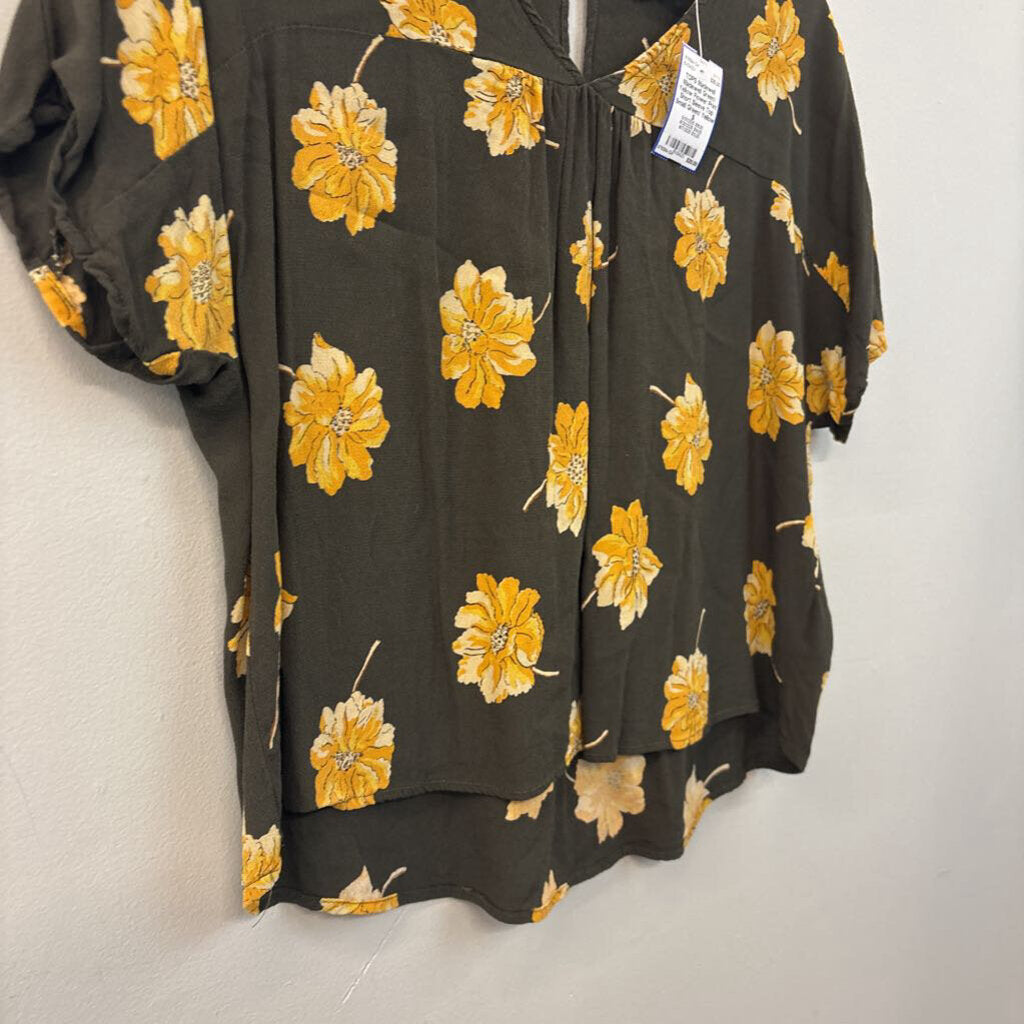 Madewell Green/ Yellow Flower Print Short Sleeve Top Small