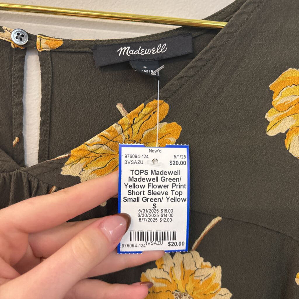Madewell Green/ Yellow Flower Print Short Sleeve Top Small