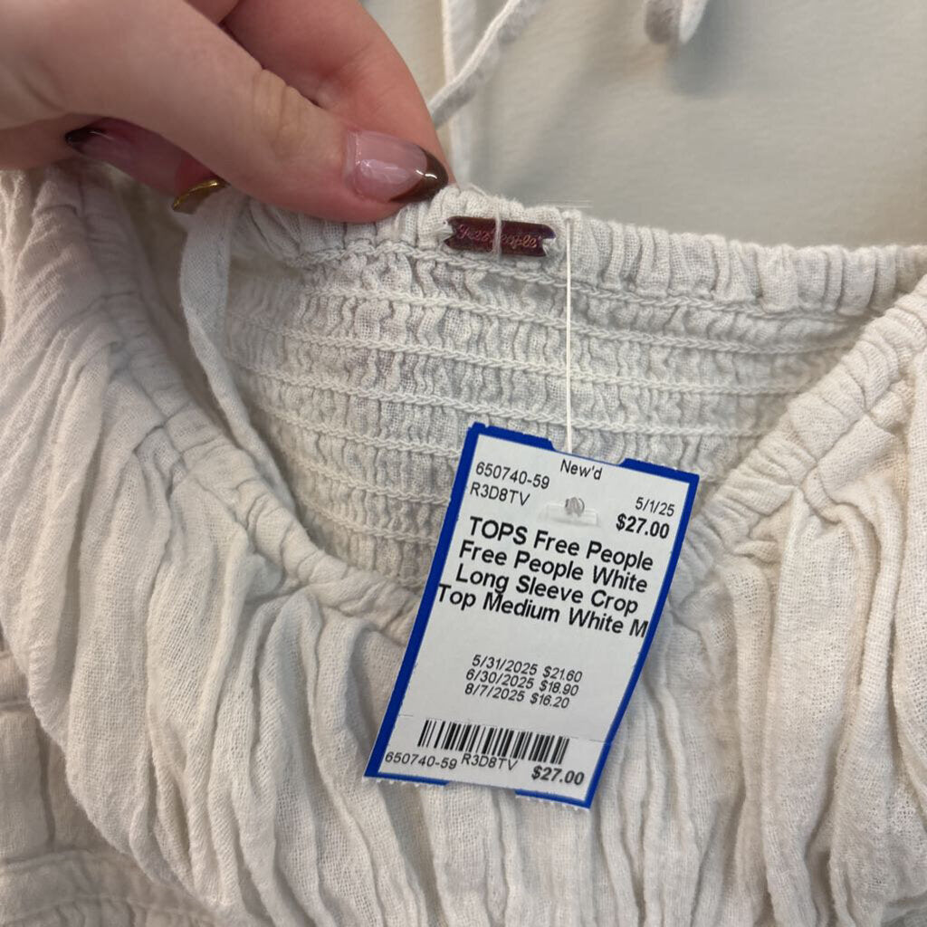 Free People White Long Sleeve Crop Top Medium