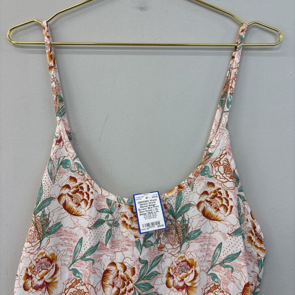 World Market Beige/ Brown/ Blue Print Maxi Dress L/XL
