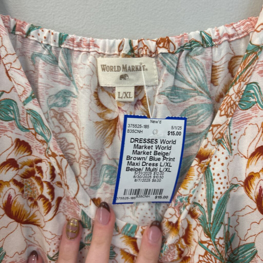 World Market Beige/ Brown/ Blue Print Maxi Dress L/XL
