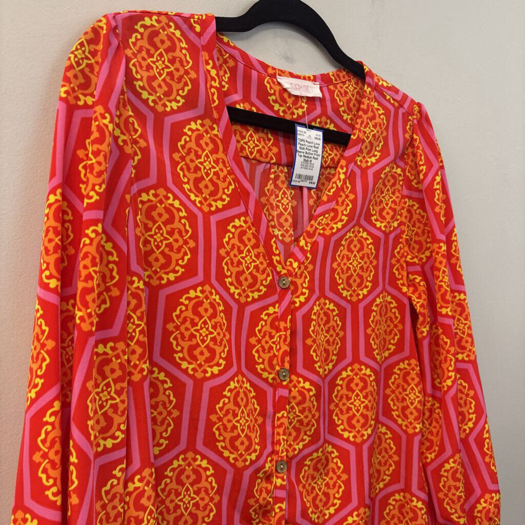 Peach Love Red/ Multi Print Long Sleeve Button Front Top Medium