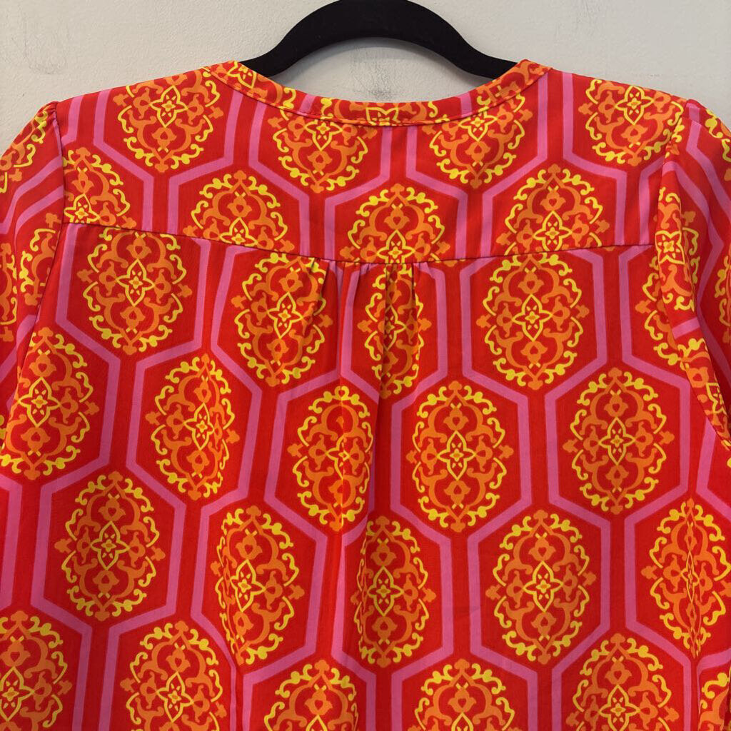 Peach Love Red/ Multi Print Long Sleeve Button Front Top Medium