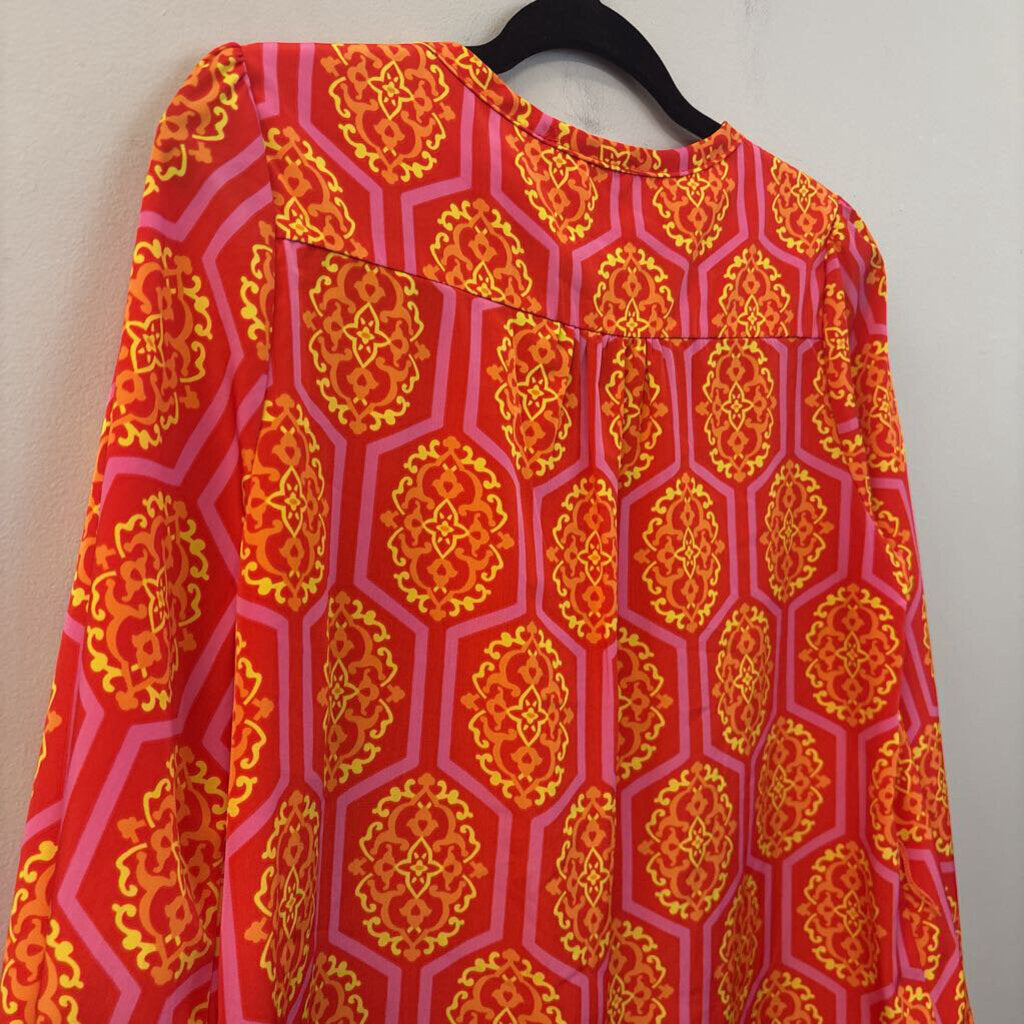 Peach Love Red/ Multi Print Long Sleeve Button Front Top Medium