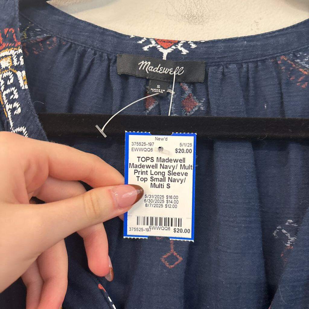 Madewell Navy/ Multi Print Long Sleeve Top Small