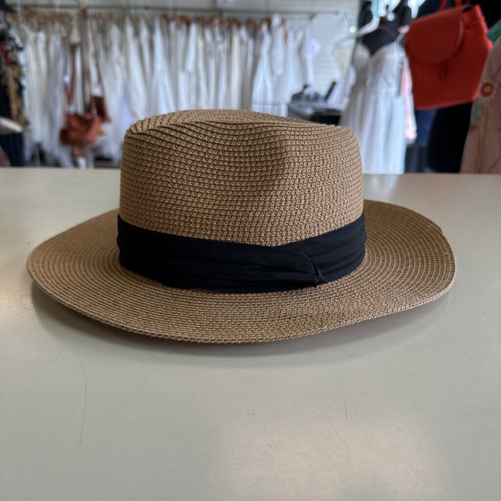 Brown Natural Woven Hat Black Band One Size