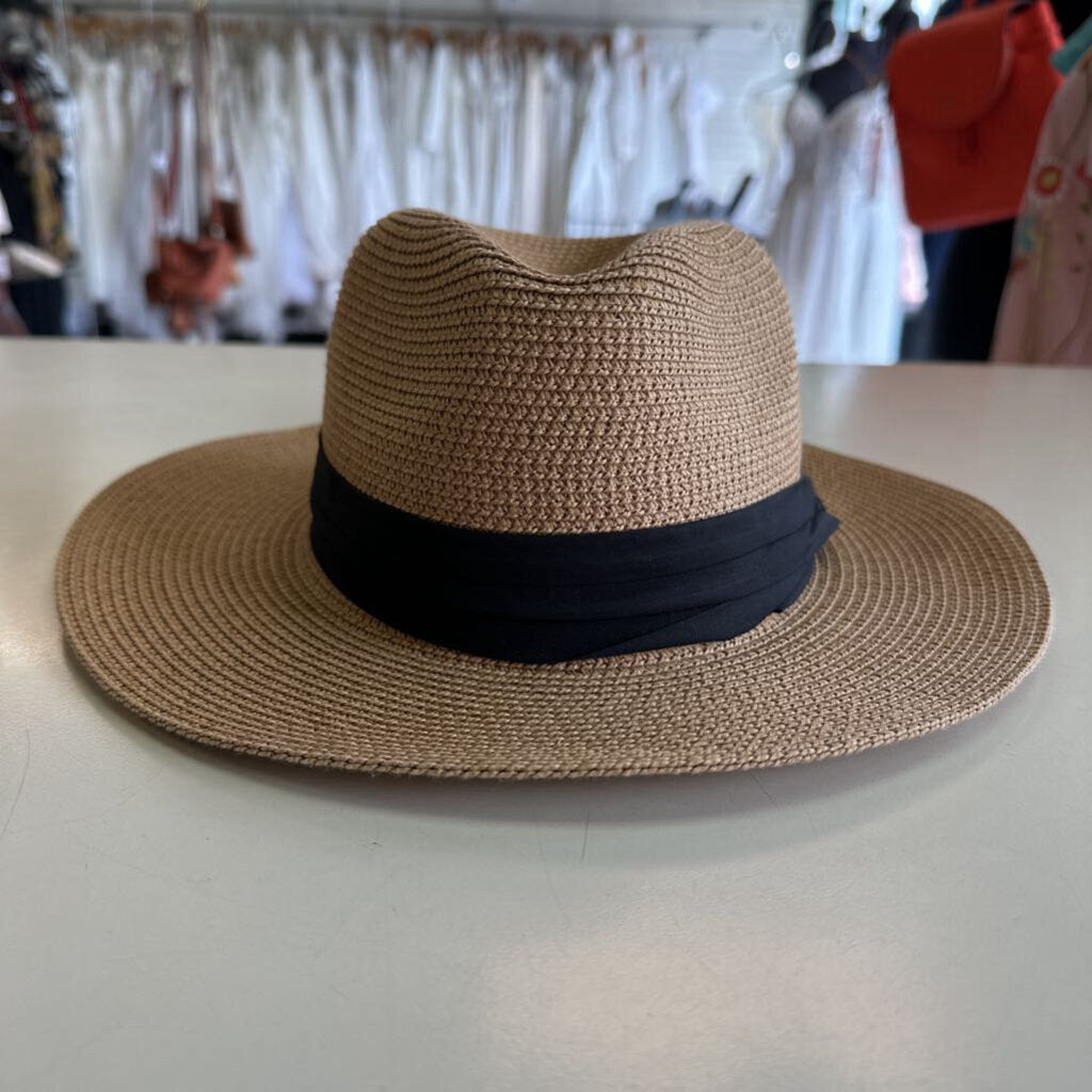Brown Natural Woven Hat Black Band One Size