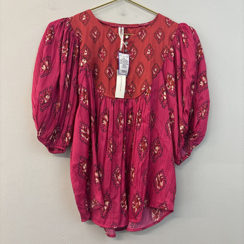 Anthropologie Pink Print Short Puff Sleeve Top Medium