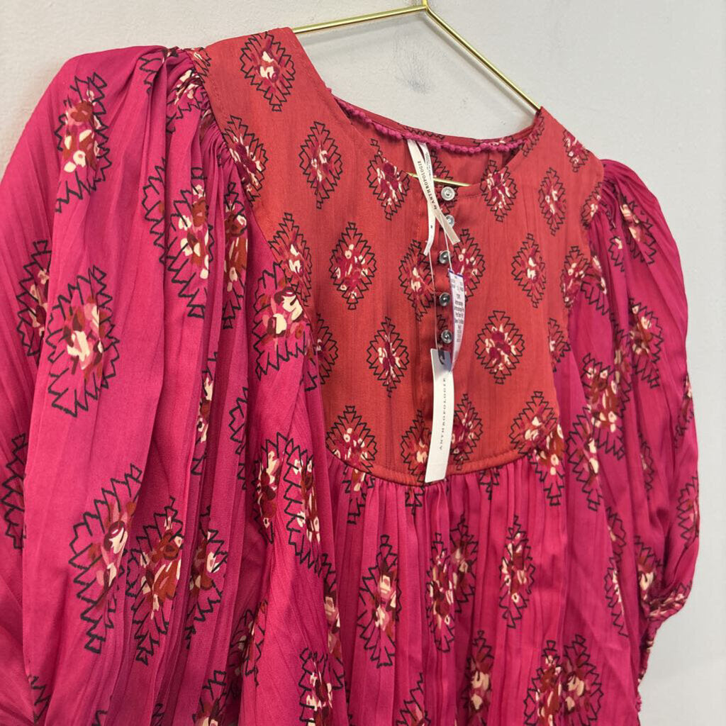 Anthropologie Pink Print Short Puff Sleeve Top Medium