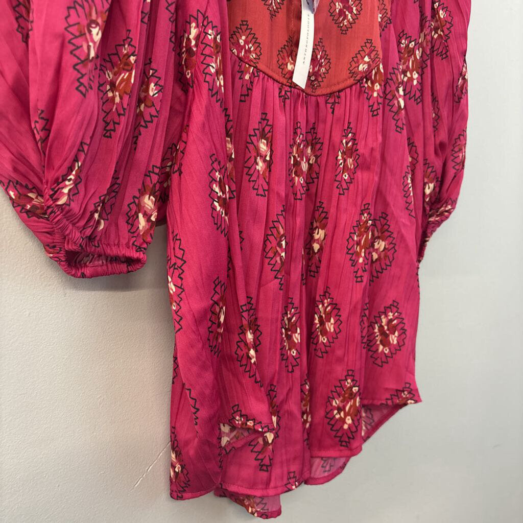 Anthropologie Pink Print Short Puff Sleeve Top Medium