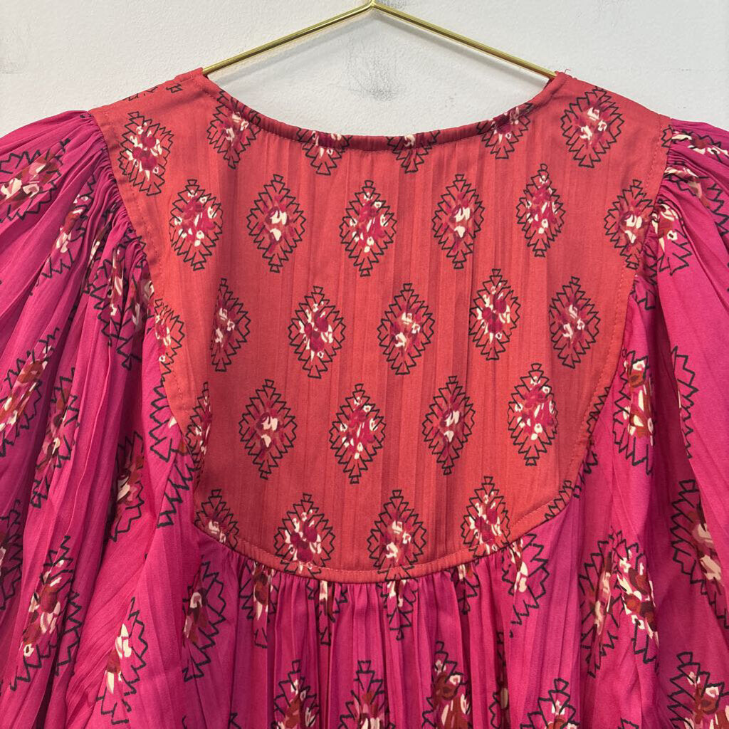 Anthropologie Pink Print Short Puff Sleeve Top Medium
