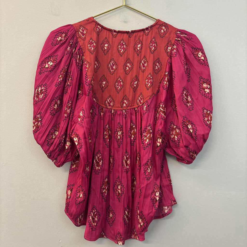 Anthropologie Pink Print Short Puff Sleeve Top Medium