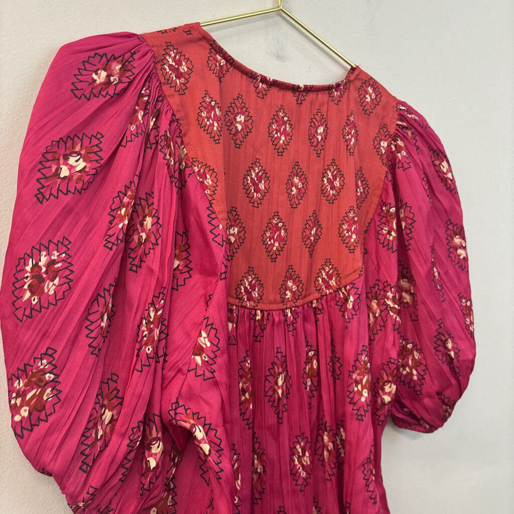 Anthropologie Pink Print Short Puff Sleeve Top Medium