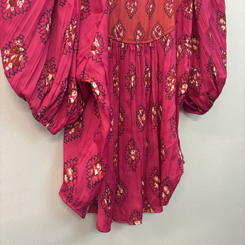 Anthropologie Pink Print Short Puff Sleeve Top Medium