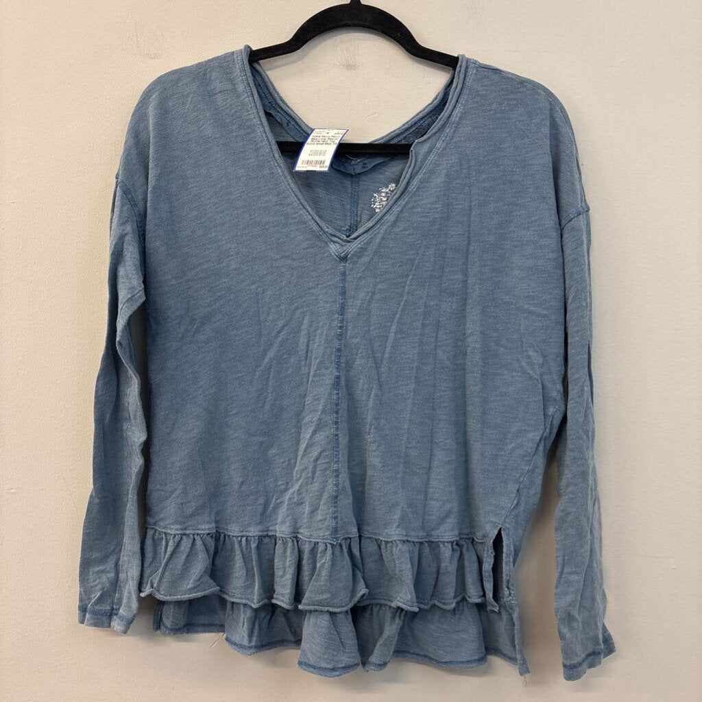 Pilcro Blue Long Sleeve Ruffle Hem Top Extra Small