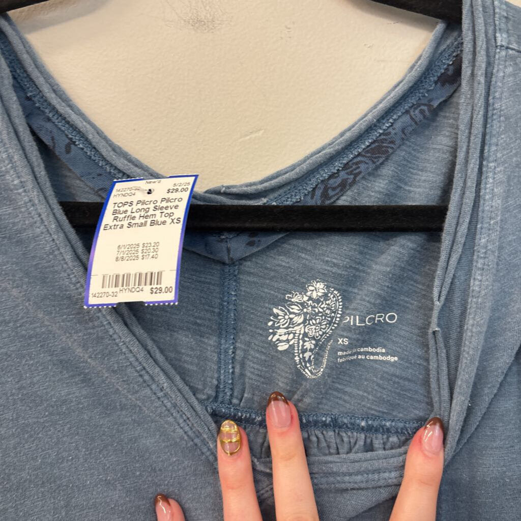 Pilcro Blue Long Sleeve Ruffle Hem Top Extra Small