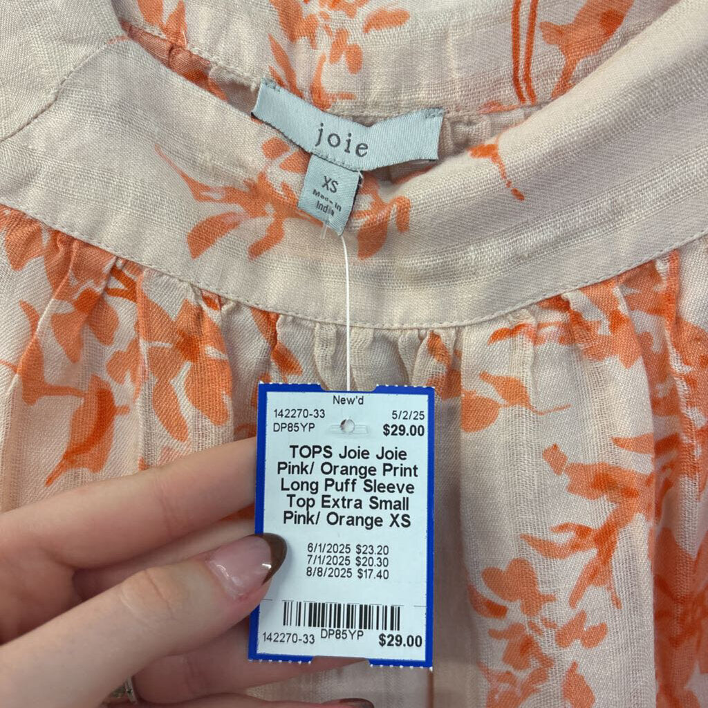 Joie Pink/ Orange Print Long Puff Sleeve Top Extra Small