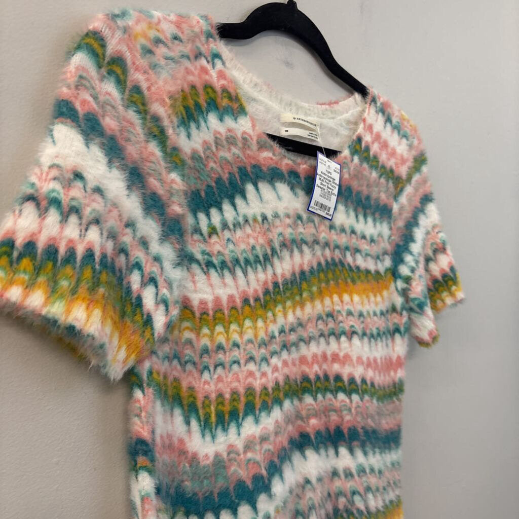 Anthropologie White/ MUlti Print Fuzzy Short Sleeve Sweater Top Extra Small