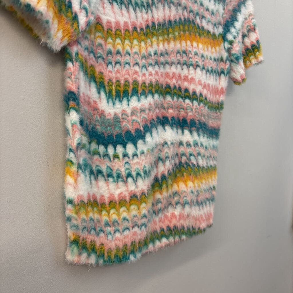 Anthropologie White/ MUlti Print Fuzzy Short Sleeve Sweater Top Extra Small