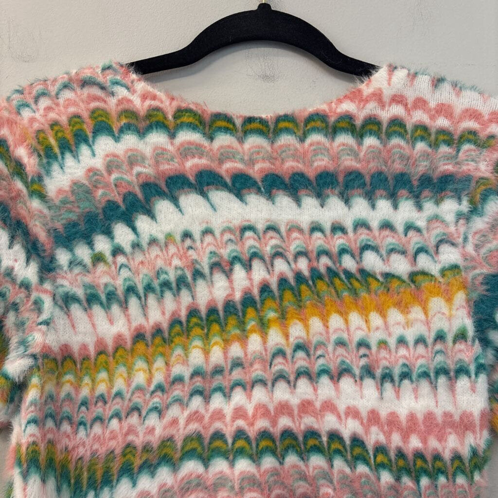 Anthropologie White/ MUlti Print Fuzzy Short Sleeve Sweater Top Extra Small