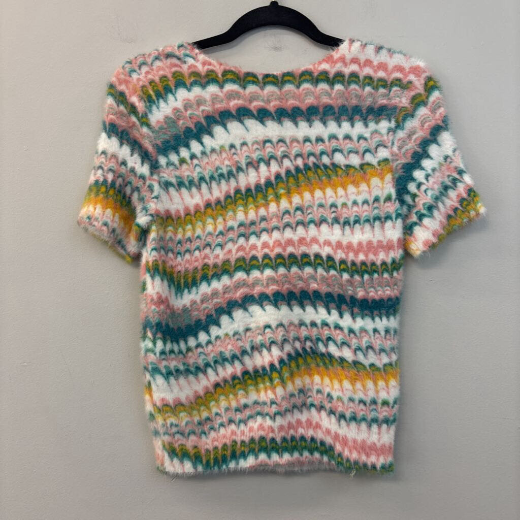 Anthropologie White/ MUlti Print Fuzzy Short Sleeve Sweater Top Extra Small