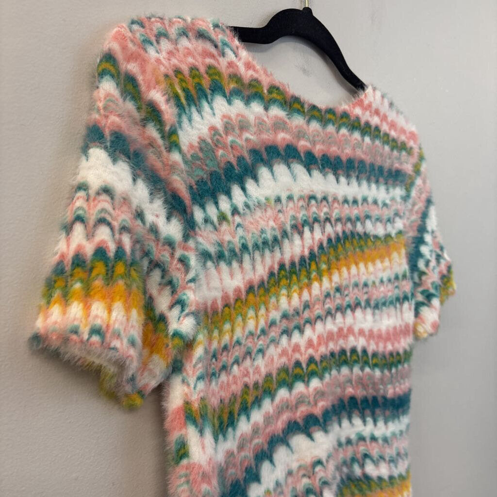 Anthropologie White/ MUlti Print Fuzzy Short Sleeve Sweater Top Extra Small