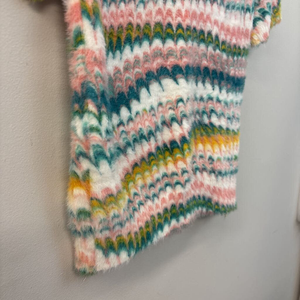 Anthropologie White/ MUlti Print Fuzzy Short Sleeve Sweater Top Extra Small