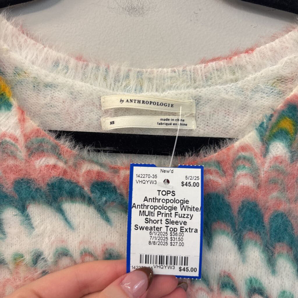 Anthropologie White/ MUlti Print Fuzzy Short Sleeve Sweater Top Extra Small