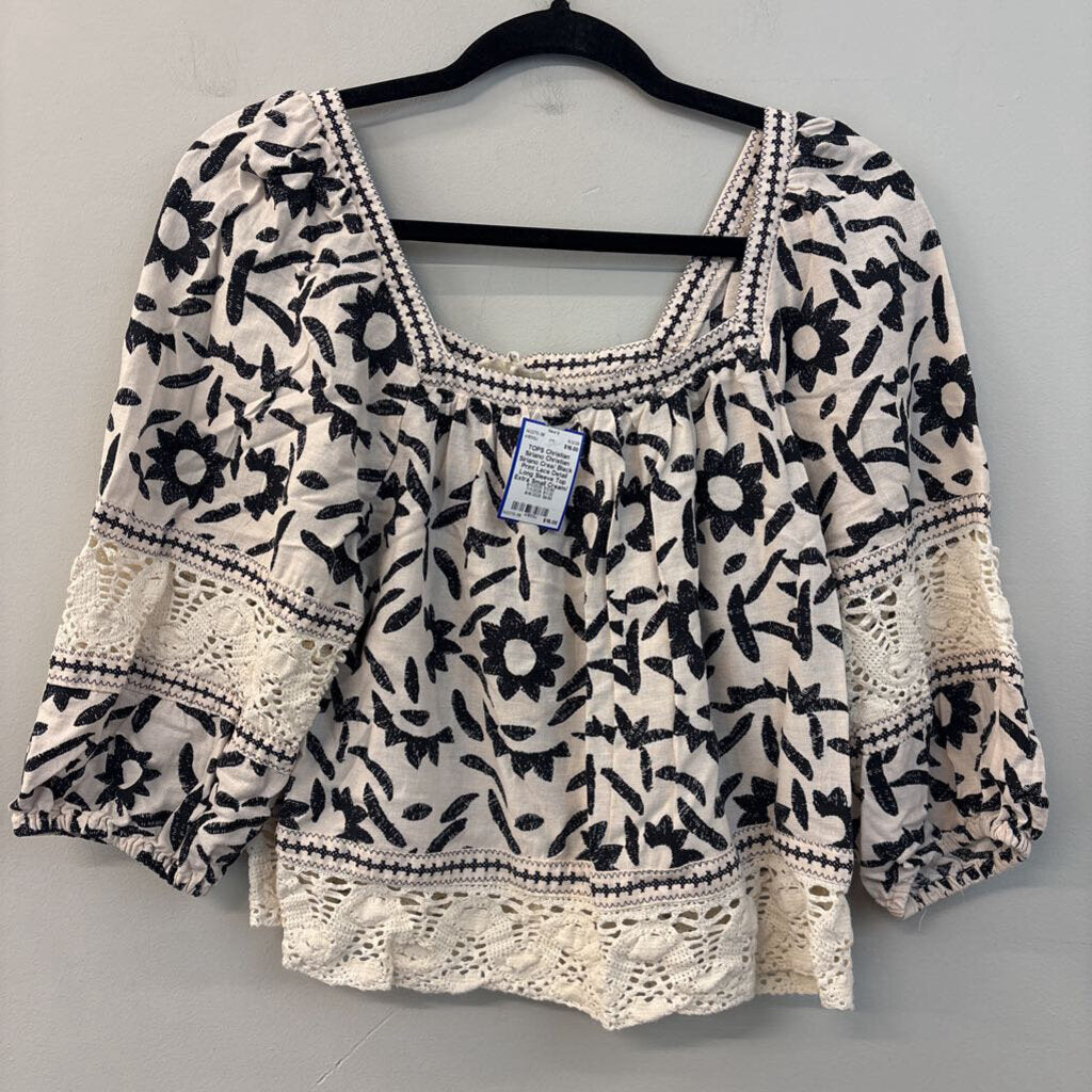 Christian Siriano Crea/ Black Print Lace Detail Long Sleeve Top Extra Small
