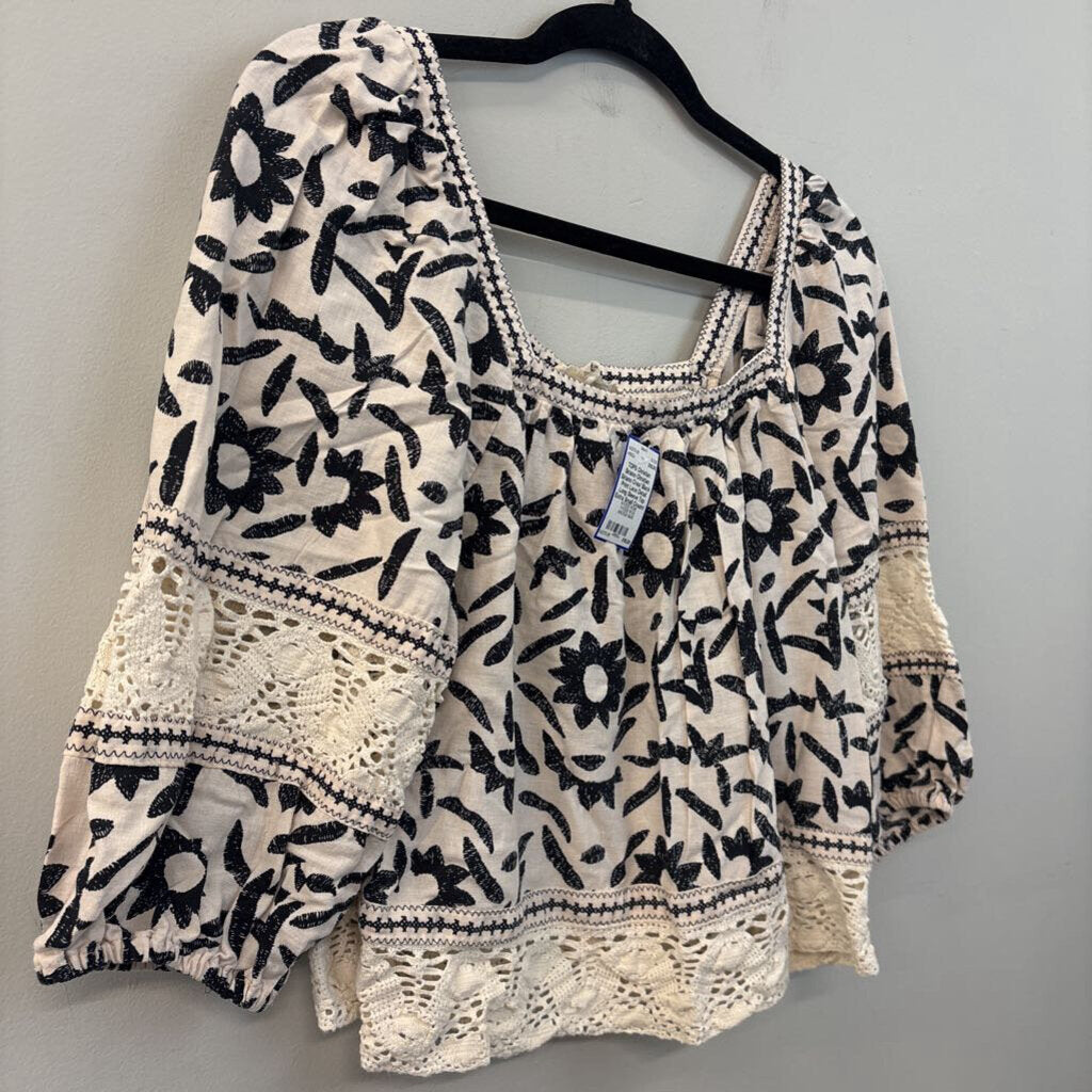 Christian Siriano Crea/ Black Print Lace Detail Long Sleeve Top Extra Small