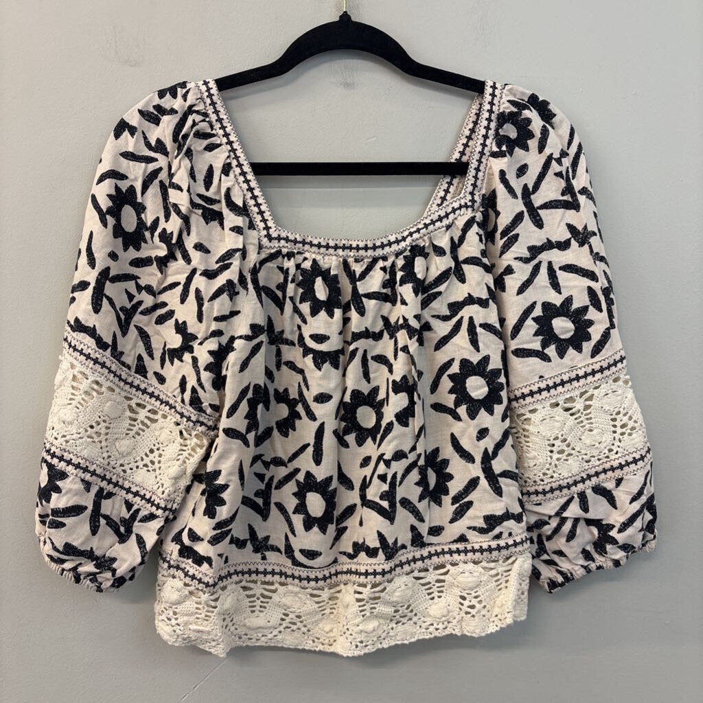 Christian Siriano Crea/ Black Print Lace Detail Long Sleeve Top Extra Small