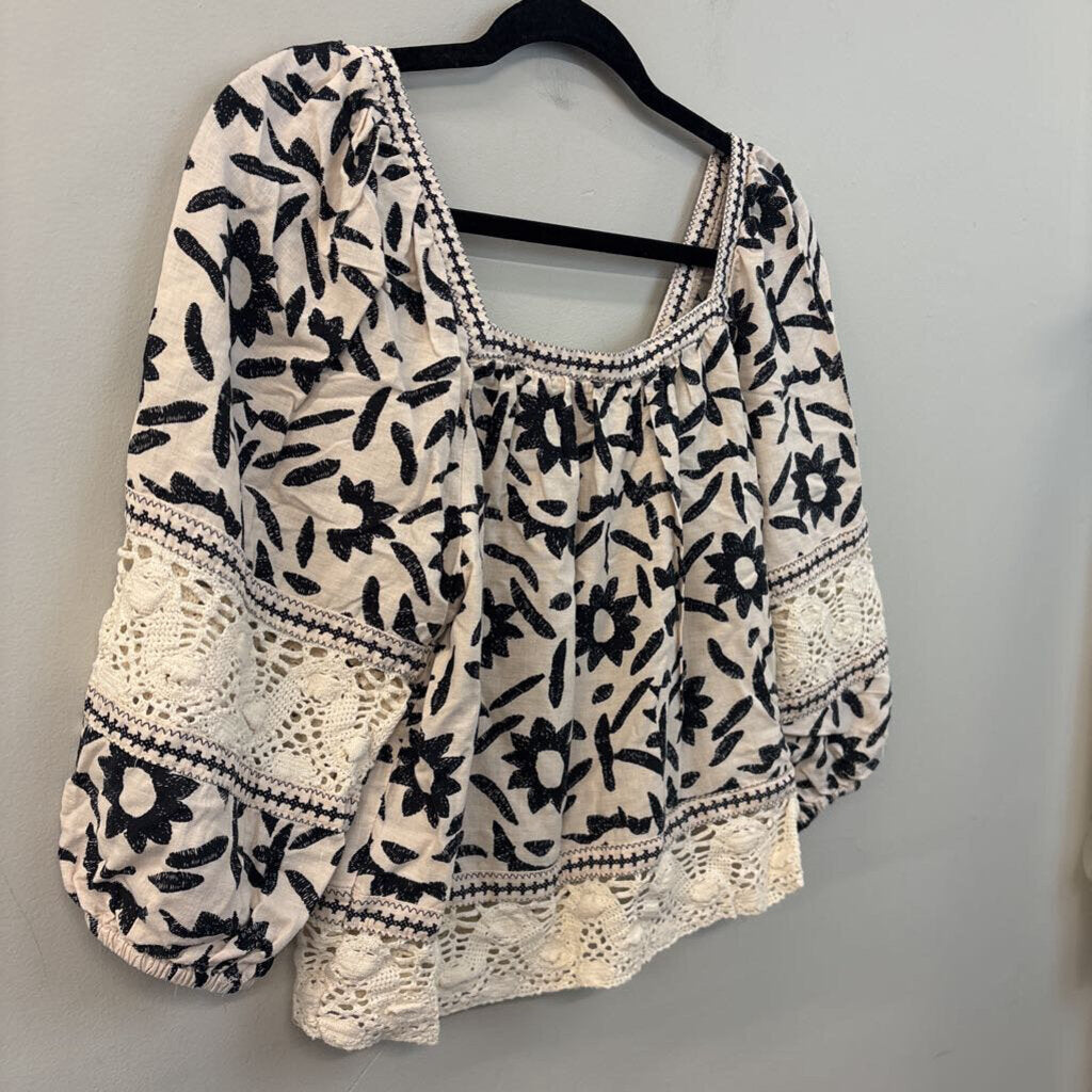 Christian Siriano Crea/ Black Print Lace Detail Long Sleeve Top Extra Small